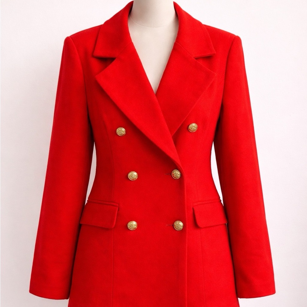 SHEIN Double-Breasted Bright Red Pea Coat with Gold Buttons